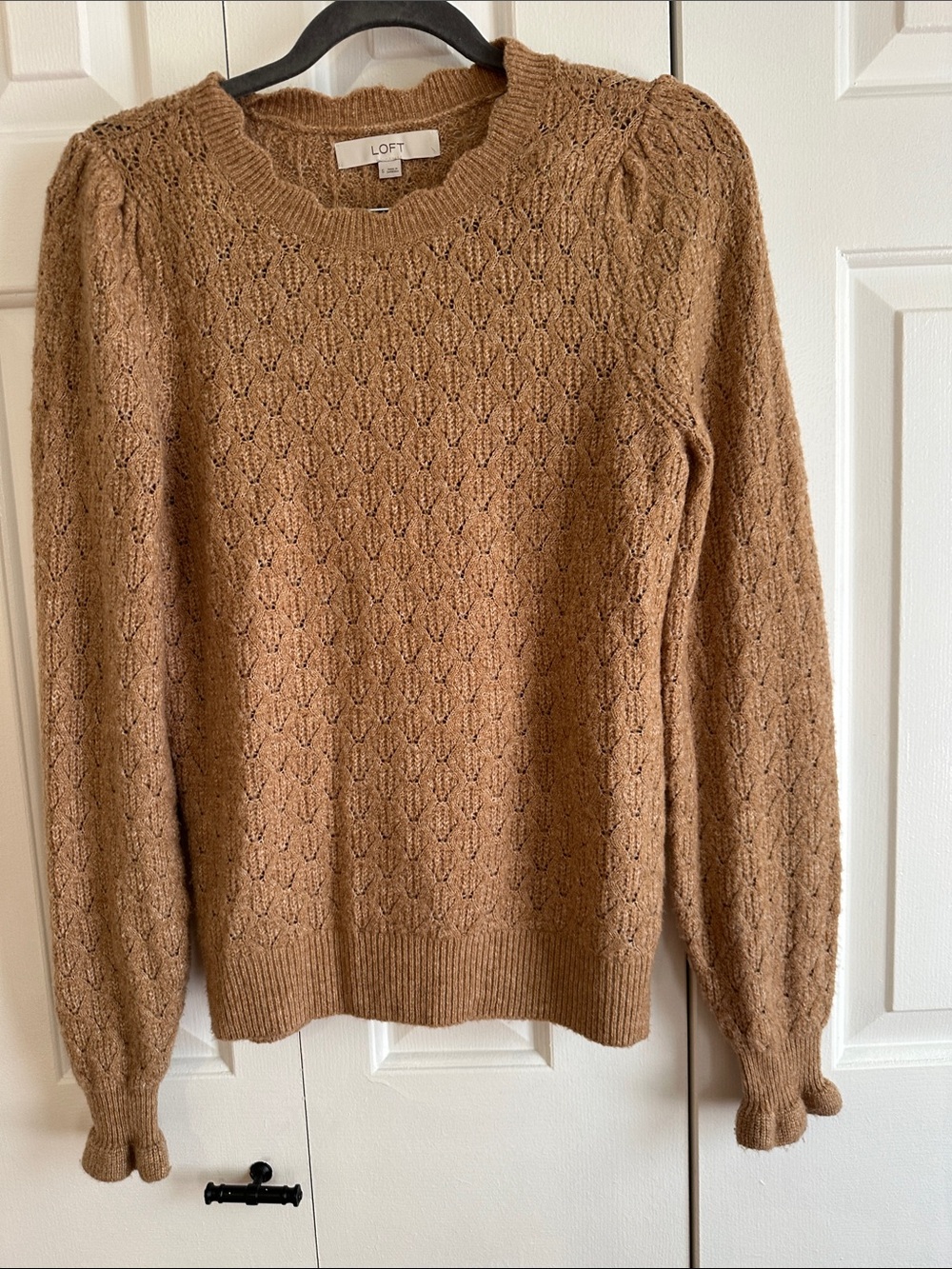 LOFT Pointelle Ruffle Cuff Sweater Brown Small